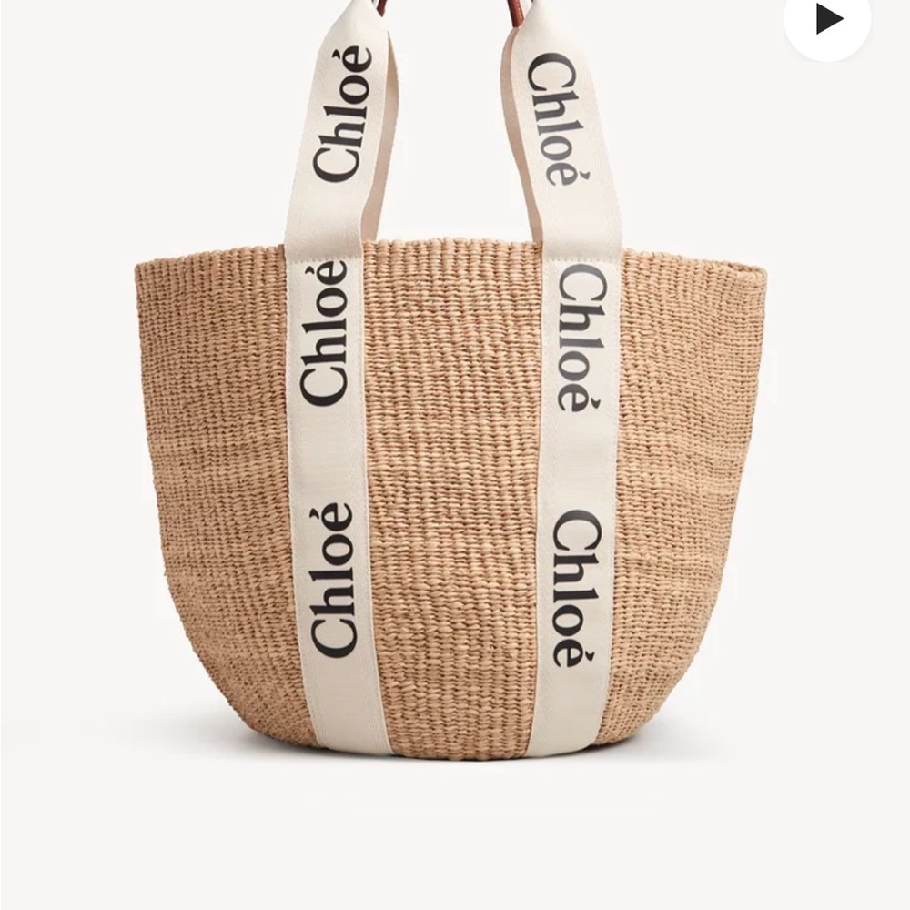 Tan Woven Tote Bag with White Handles